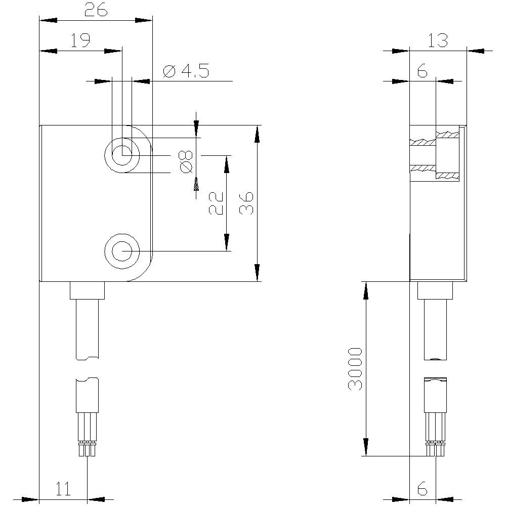 Zeichnung eines rechteckigen mechanischen Teils mit Maßen. Links: 26x36 mm mit Bohrungen. Rechts: Seitenansicht, Höhe 3000 mm.