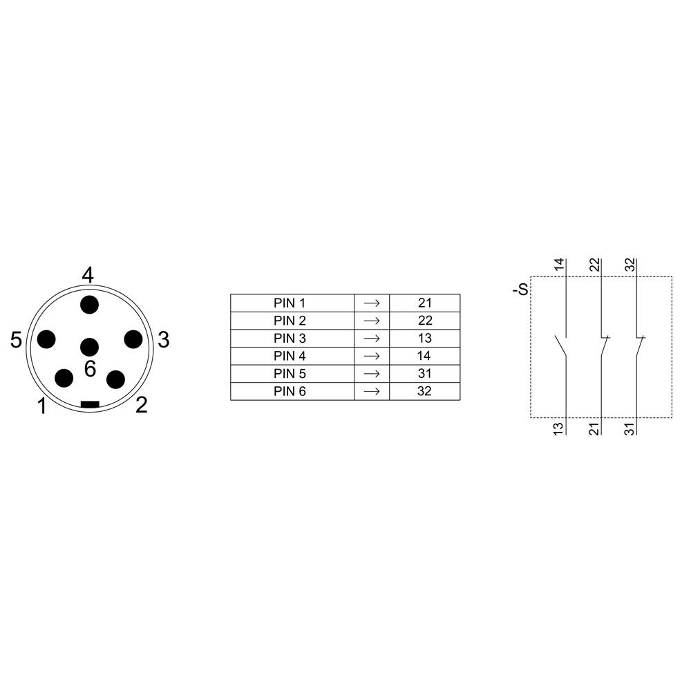 Abbildung zeigt einen 6-poligen Stecker. Tabelle weist PINs 1 bis 6 zu den Nummern 21, 13, 31, 22, 31, 32 zu. Diagramm rechts stellt Verdrahtung dar.