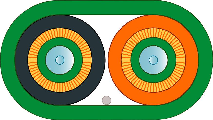 Zwei konzentrische Kreise, links schwarz-gelb, rechts orange-gelb, von einem grünen Oval umgeben, symbolisieren Balance.