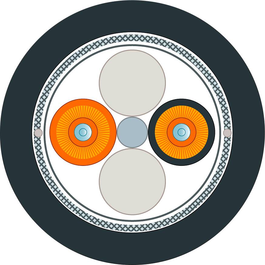 Querschnitt eines Kabels mit isolierten Leitern in orange und grau, umgeben von einer schwarzen Schutzschicht und einem Gitternetz.