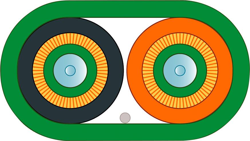 Zwei kreisförmige Formen nebeneinander, eine in schwarz und die andere in orange, von grünem Rechteck umrahmt. Muster und Farben auffällig.