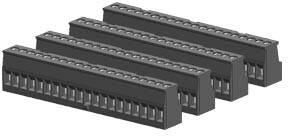 Vier schwarze, nebeneinander liegende Reihen von elektrischen Steckbaugruppen.
