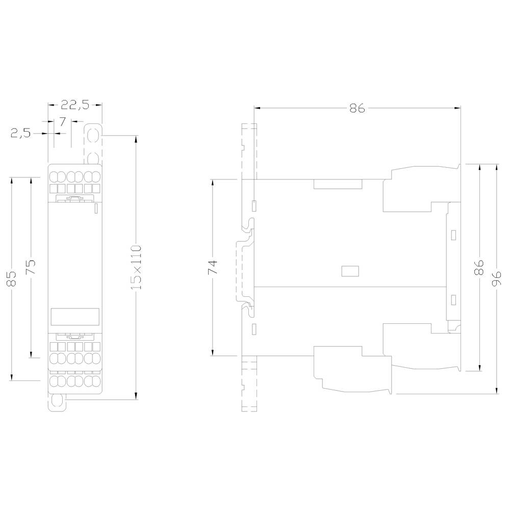 Technische Zeichnung eines elektronischen Geräts mit Maßeinheiten in Millimetern: Höhe 75, Breite 22,5, Tiefe 86.