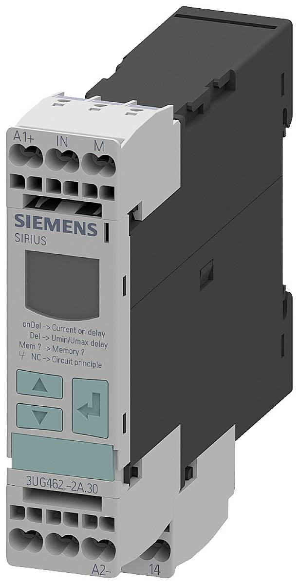 Ein Siemens-SIRIUS-Zeitrelais mit Modellnummer 3UG462-2A30. Es zeigt Anschlüsse und Bedienelemente zum Steuern elektrischer Schaltungen.