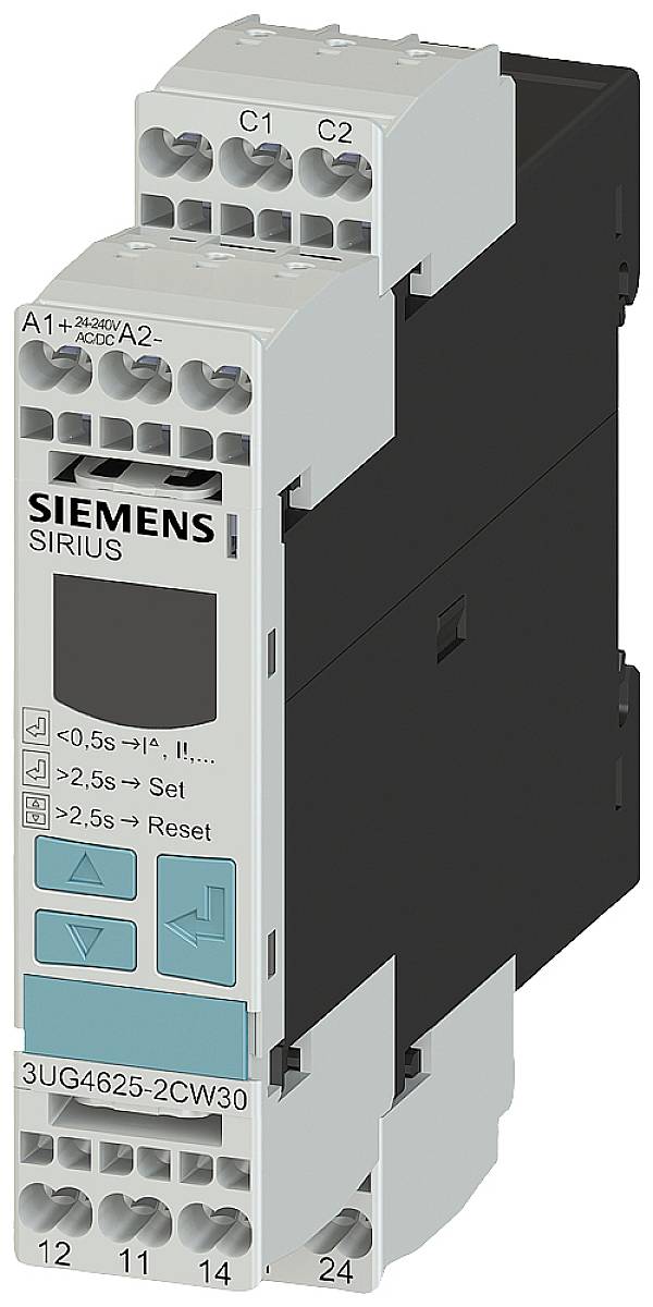 Ein Siemens SIRIUS Überwachungsrelais, Modell 3UG4625-2CW30. Es zeigt Tasten und LED-Anzeigen für Einstellungen und Rücksetzung.