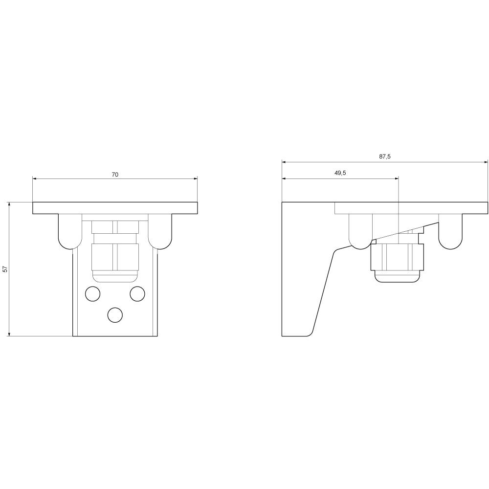Technische Zeichnung eines Befestigungsclips mit Maßangaben: Höhe 67 mm, Breite 70 mm, Tiefe 87,5 mm. Seiten- und Vorderansicht.