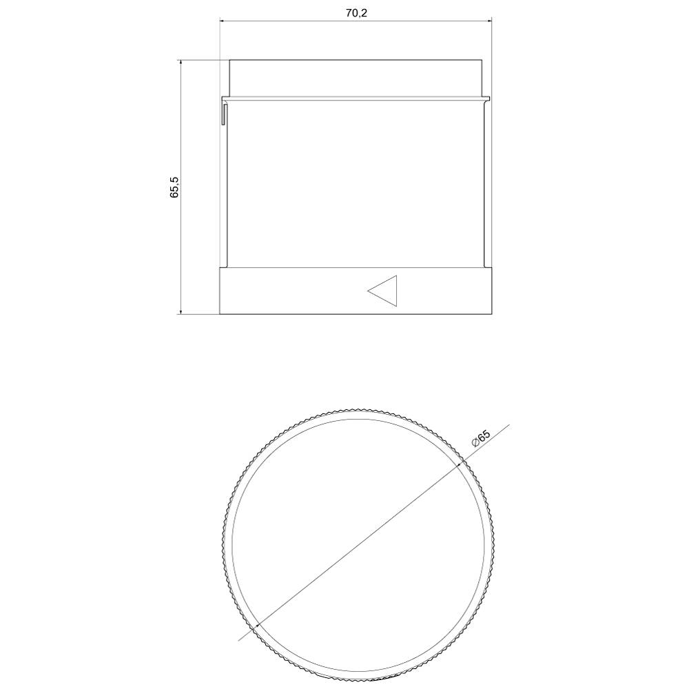 Technische Zeichnung eines zylindrischen Objekts: Seitensicht mit Höhe 68,5 mm, Breite 70,2 mm, und Draufsicht mit Durchmesser 68,5 mm.
