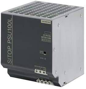 Ein Schaltnetzteil von Siemens, Modell SITOP PSU100L, zur Stabilisierung elektrischer Spannung. Silbernes, quaderförmiges Design.