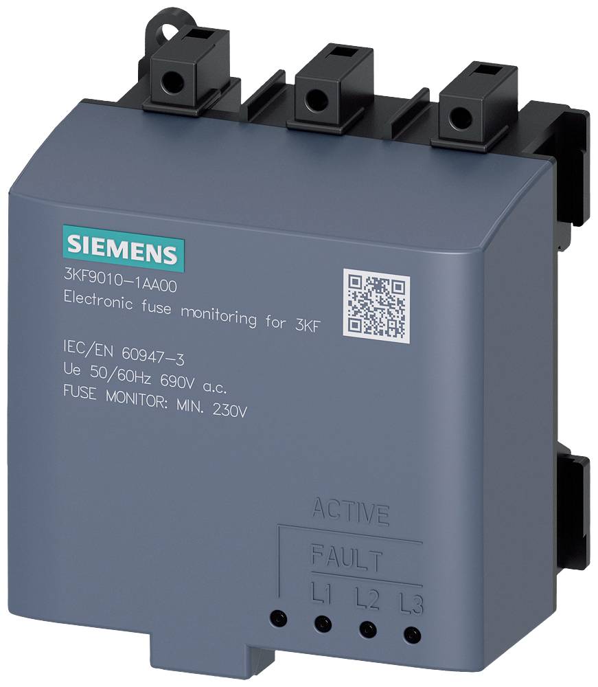 Ein graues, rechteckiges Siemens-Gerät zur elektronischen Sicherungsüberwachung. Text 'Electronic fuse monitoring for 3KF'.