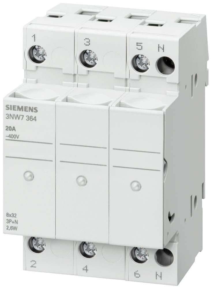 Ein weißer, vierpoliger Siemens 3NW7 364 Sicherungshalter mit Beschriftungen für Phasen 1-3 und Neutralleiter. Der Nennwert ist 20A, -400V.