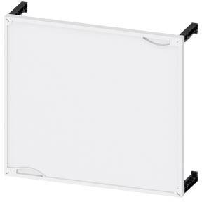 Ein quadratisches weißes Paneel mit schlichtem Design ist an zwei schwarzen Halterungen befestigt.