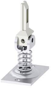 Metallische Federhalterung mit vertikaler Stange, montiert auf einer quadratischen Platte mit Schraubenlöchern.