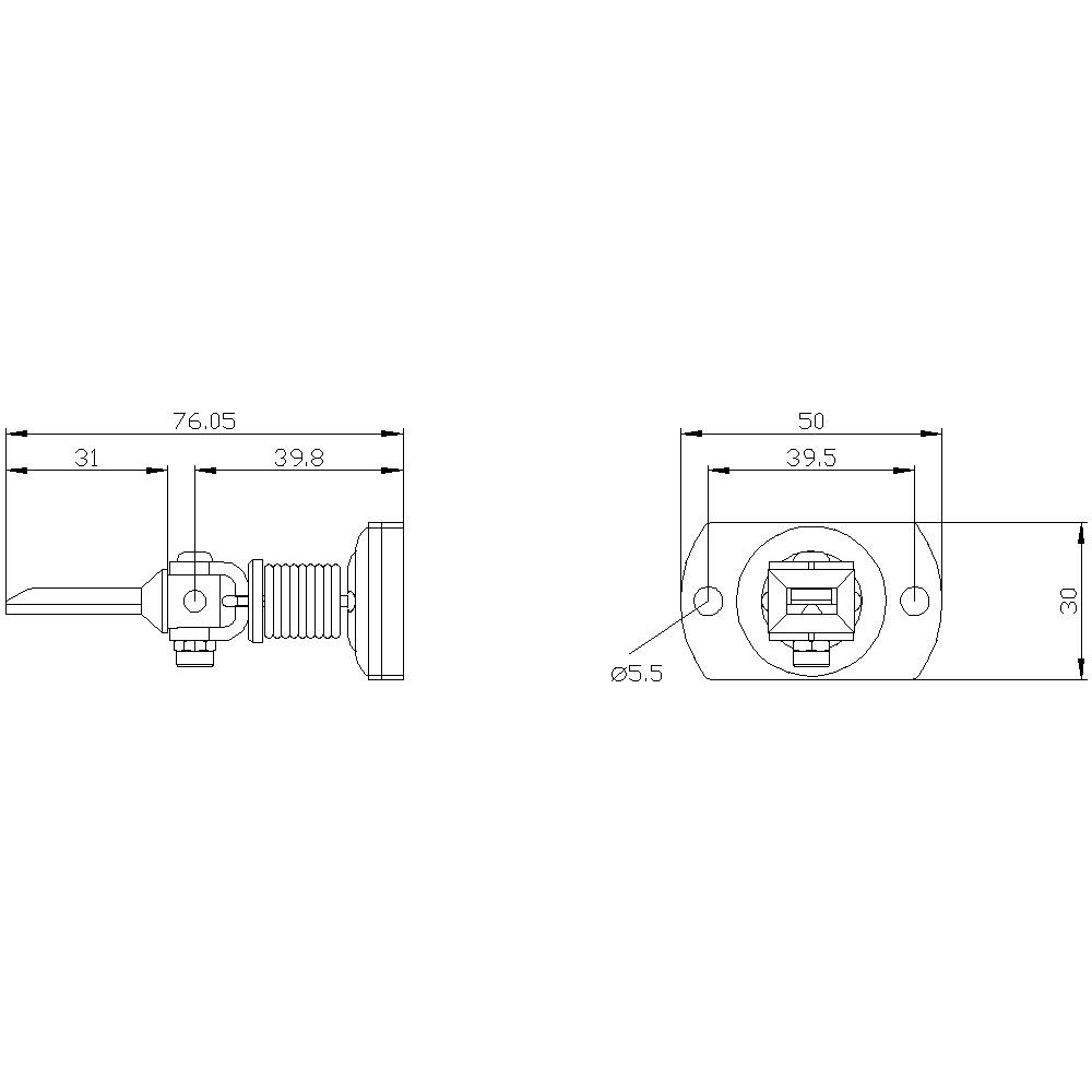 Zwei technische Zeichnungen eines Verriegelungsmechanismus mit Maßangaben in Millimetern: links 76,05 x 31 x 39,8; rechts 50 x 30 x 39,5.