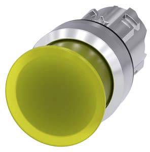 Gelber Knopf mit silbernem Gehäuse, möglicherweise für industrielle Steuerungsanwendungen, hervorstehendes Design für einfache Betätigung.