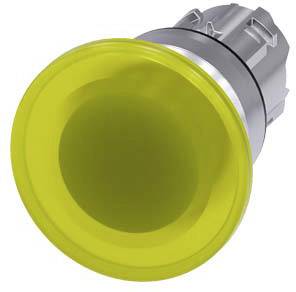 Gelber Druckknopf, rund, mit silberner Fassung. Geeignet für industrielle Steuerungen und Maschinenbedienfelder.