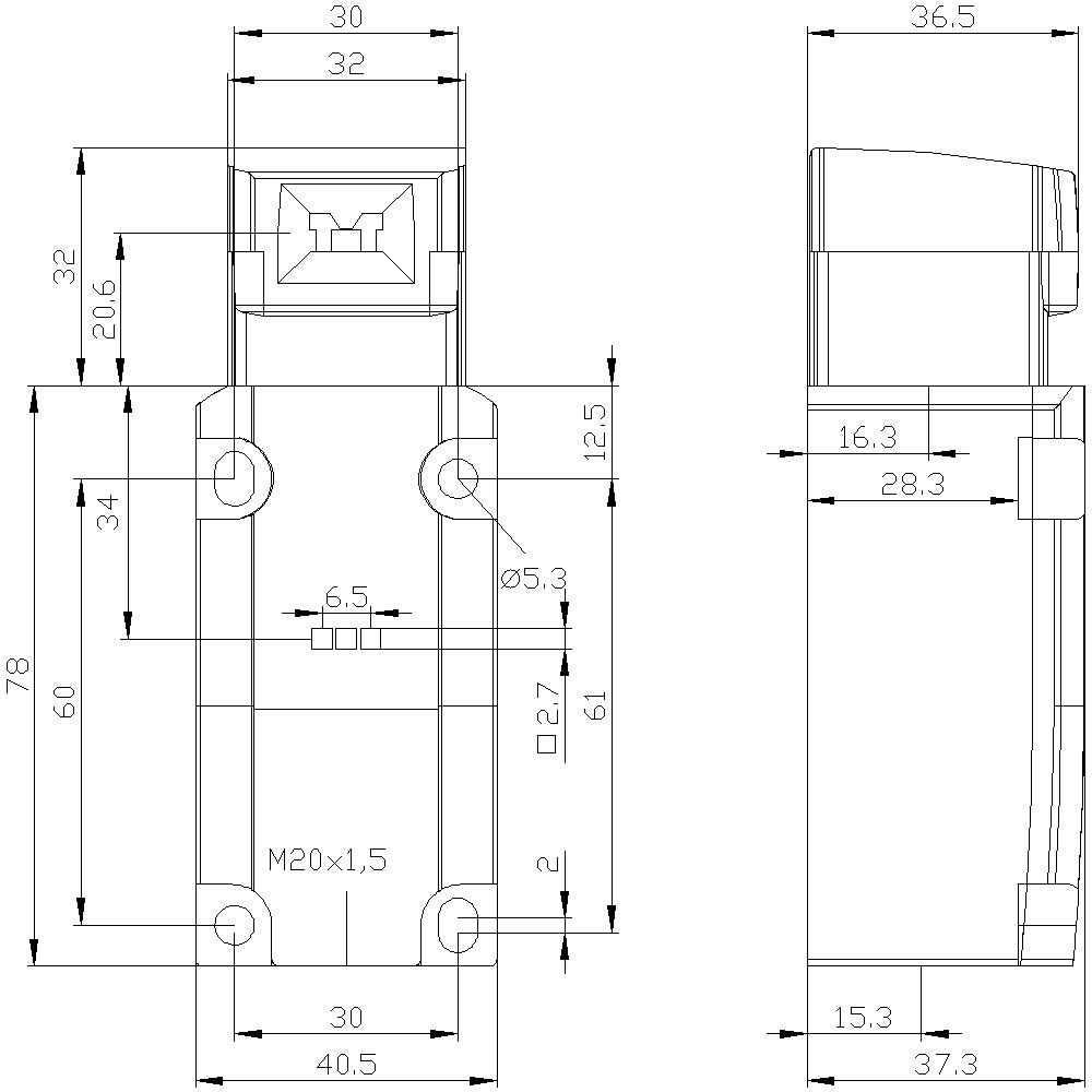 Technische Zeichnung eines mechanischen Bauteils mit Maßen in Millimetern. Vorderansicht links zeigt Anschlüsse und Schraublöcher. Ansicht rechts verdeutlicht Höhen- und Breitenangaben.