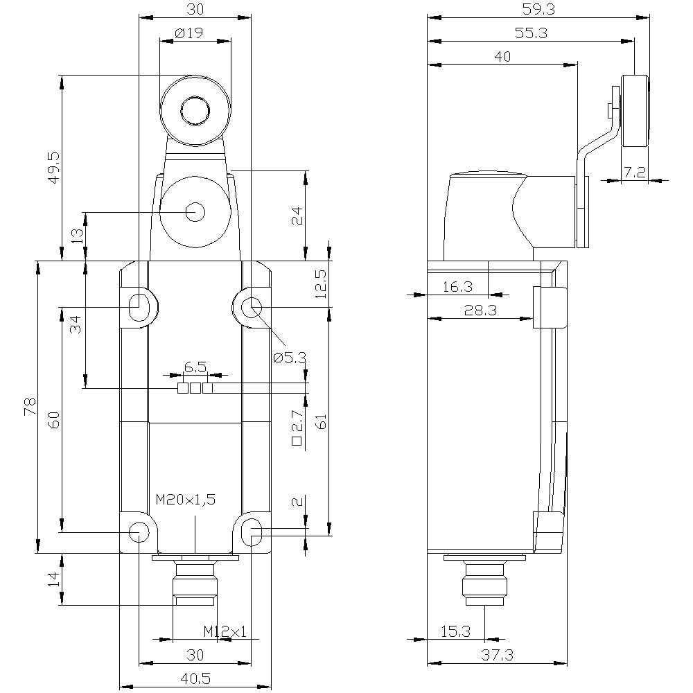 Technische Zeichnung eines Sensors mit verschiedenen Ansichten. Zeigt Abmessungen in Millimetern und detaillierte Komponentenplatzierungen.