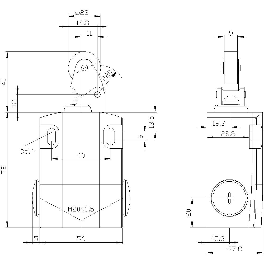 Technische Zeichnung eines Bauteils mit Maßen und Spezifikationen; enthält Ansichten von vorne und der Seite mit detaillierten Abmessungen.