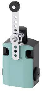 Industrieschalter mit blauem Gehäuse und verstellbarem Hebelmechanismus oben. Verwendet zur Steuerung von Maschinenprozessen.