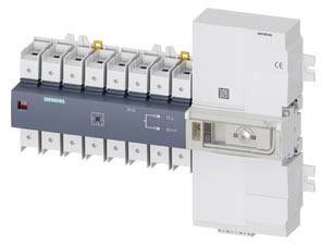 Ein elektrischer Sicherungsschalter von Siemens mit mehreren Steckplätzen. Zeigt Modellnummer und CE-Kennzeichnung, seitliche Ansicht.