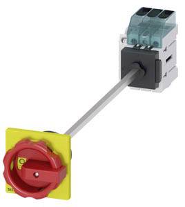Ein roter Schalthebel auf einer gelben Platte, verbunden mit einem elektrischen Schaltgerät, zur Steuerung von Stromkreisen.