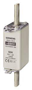 Elektrische Sicherung von Siemens, Typ 3NA3 120-6, 690V, 50A. Rechteckige Form mit zwei Kontaktstangen, geeignet für industrielle Anwendungen.