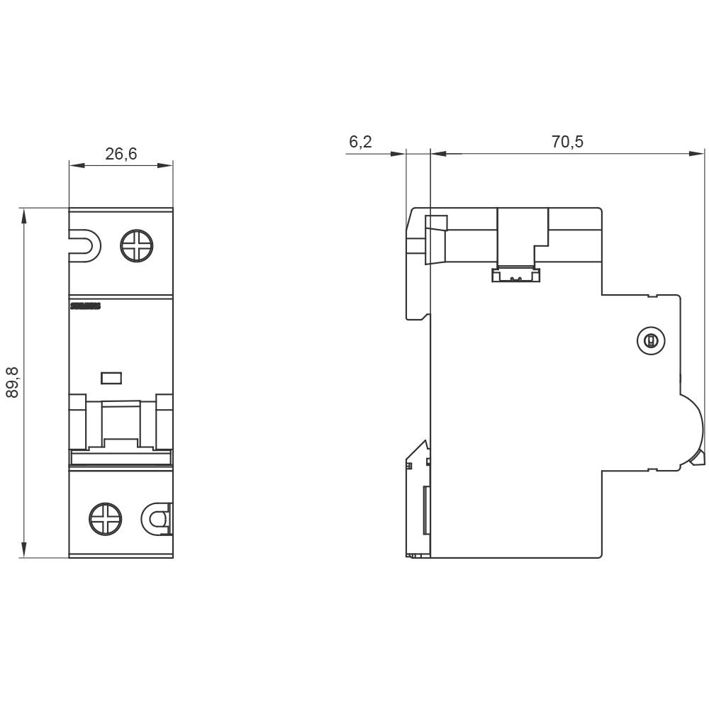 Technische Zeichnung eines elektrischen Bauteils mit Abmessungen: Breite 26,6 mm, Höhe 89,8 mm, Tiefe 70,5 mm und Dicke 6,2 mm.