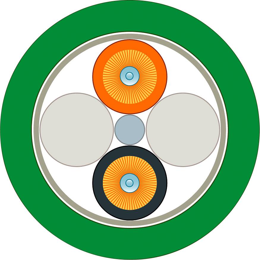 Ein kreisförmiges Schema zeigt im Zentrum kleinere Kreise in Orange, Blau und Grau. Außen grün umrandet, symbolisiert Elektronikkonzept.