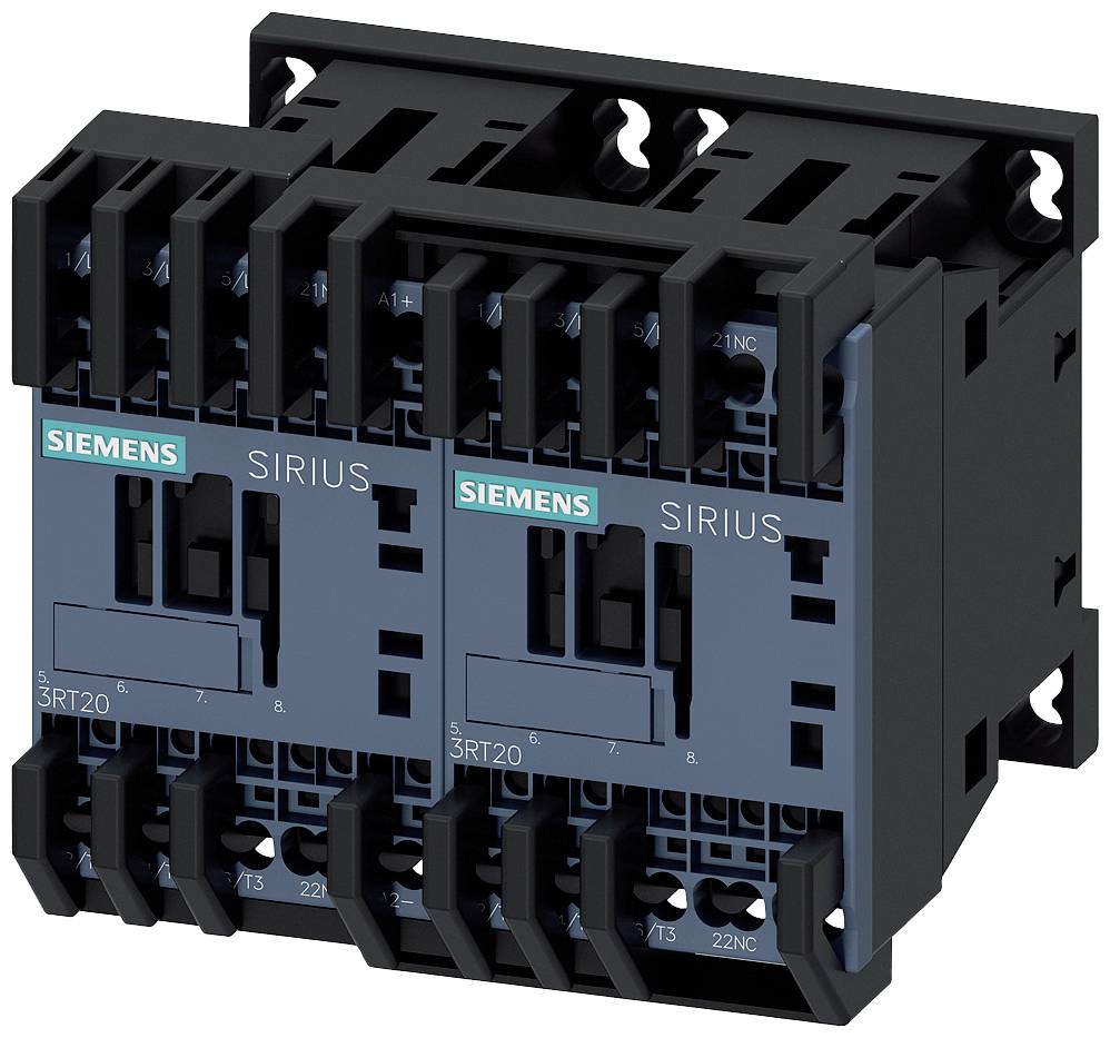 'Siemens SIRIUS' Schütz, Modell 3RT20, in Schwarz und Blau. Zweireihige Konfiguration für industrielle elektrische Schaltsysteme.