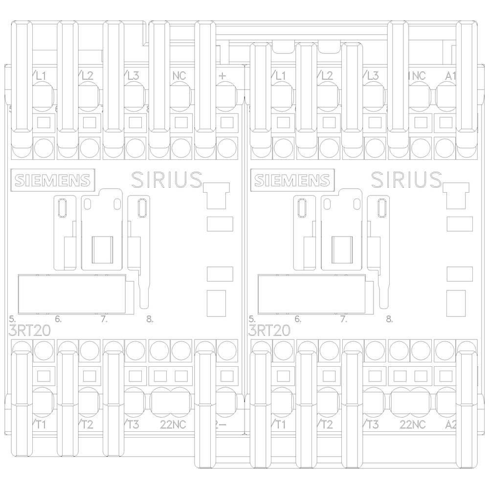 Schaltplan von zwei nebeneinander liegenden Siemens SIRIUS 3RT20 Schützen mit Anschlussklemmen und Bezeichnungen.
