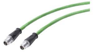 Zwei grüne Kabel mit schwarzen Anschlüssen und metallischen Enden.