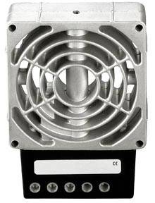Ein Metallventilator in einem rechteckigen Gehäuse mit sichtbarer Gitterschutzvorrichtung und Kontrollleuchte unten.
