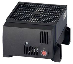 Schwarzer Ventilator mit Gitterabdeckung und rotem Drehregler an der Seite, zur Temperaturregelung in elektrischen Geräten oder Schaltschränken.