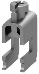 Graues mechanisches Bauteil mit Schraubenkopf, rechteckigen Öffnungen und zwei parallelen Armen unten.