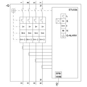 Schaltschema eines elektronischen Geräts mit Beschriftungen 'ETU556', 'G-ALARM' und 'EFB/MMB'. Zeigt Verbindungen, Symbole und Bezeichnungen für elektrische Funktionen.