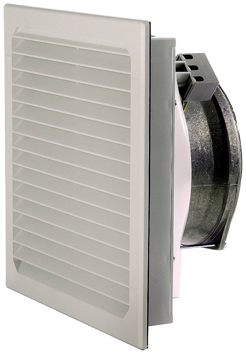 Ein weißer, rechteckiger Lüftungsgitter wird von der Seite gezeigt, mit einem Ventilator dahinter.