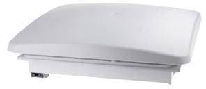 Flaches, weißes elektronisches Gerät mit abgerundeten Kanten, das möglicherweise ein Router oder Access Point ist.