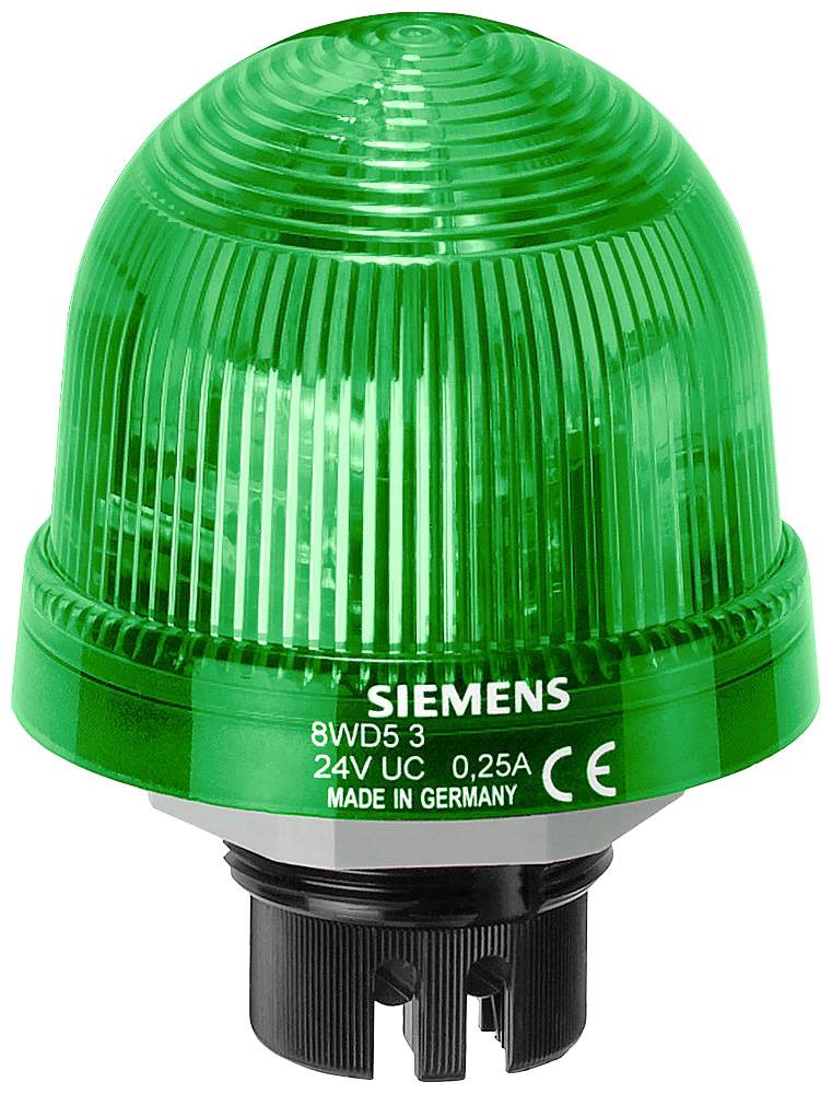 Eine grüne Signalleuchte von Siemens mit der Aufschrift '8WD53', betrieben mit 24V DC, 0,25A, 'Made in Germany', CE-Kennzeichnung.