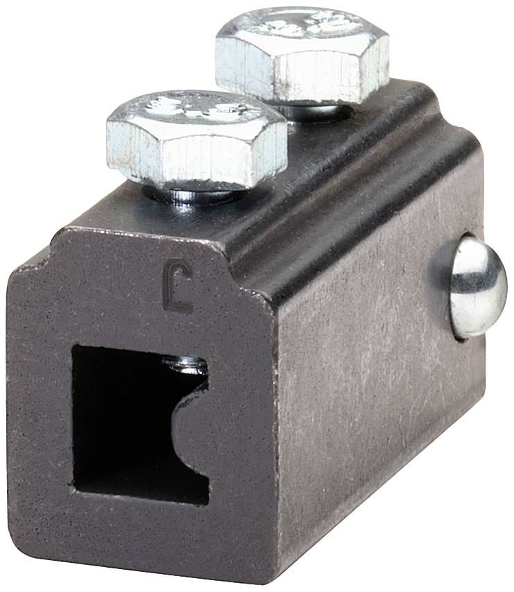 Metallischer Steckverbinder mit zwei Schrauben oben, quadratischem Anschluss unten und seitlicher Klemmschraube.