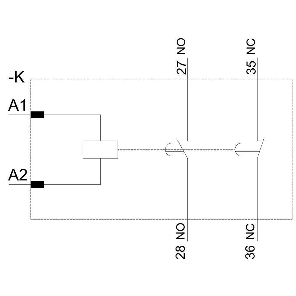 Schaltplan mit Relais: Spulenanschlüsse A1 und A2 links; rechts zwei Schalter, 27 NO (normal offen) und 35 NC (normal geschlossen).