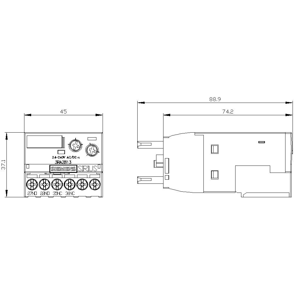 Technische Zeichnung eines elektronischen Geräts mit Frontansicht und Seitenansicht. Maße: 45x37,1mm (Front), 88,9x74,2mm (Seite).