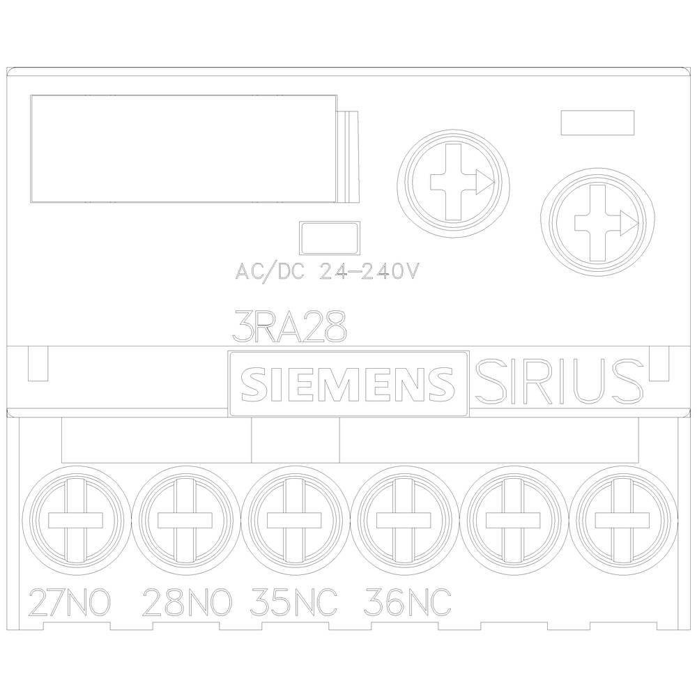 Zeichnung eines Siemens Sirius Steuergeräts mit Anschlussklemmen, Stromversorgung von 24-240V AC/DC, Produktnummer 3RA28.