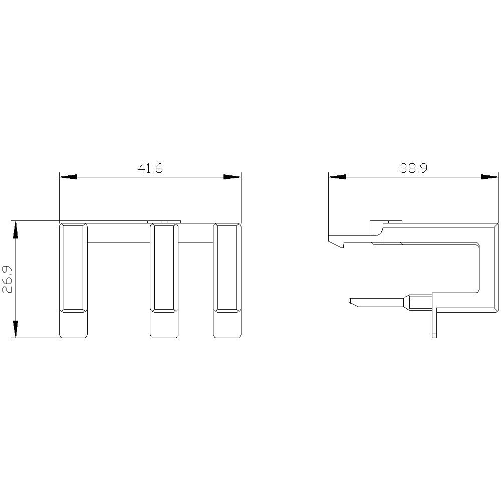 Technische Zeichnung eines dreizinkigen Steckverbinders, Maße 41,6 mm Breite, 26,9 mm Höhe, seitliche Länge 38,9 mm.