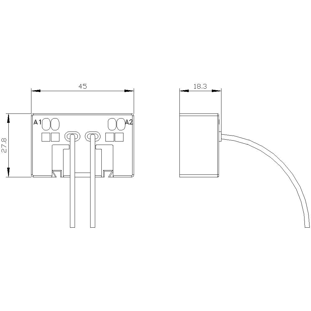 Elektrische Schaltplanzeichnung mit Abmessungen: Breite 45 mm, Höhe 278 mm, Tiefe 18,3 mm. Labels zeigen 'A1', 'A2'.