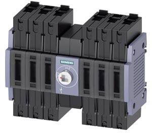 Ein schwarzer elektrischer Leistungsschalter von Siemens, mit mehreren Klemmen und einem Drehschalter in der Mitte, auf grauem Hintergrund.