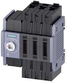 Ein dreipoliger elektrischer Leistungsschalter von Siemens, schwarz mit grauen Seitenteilen, zur Steuerung und Schutz von Stromkreisen.