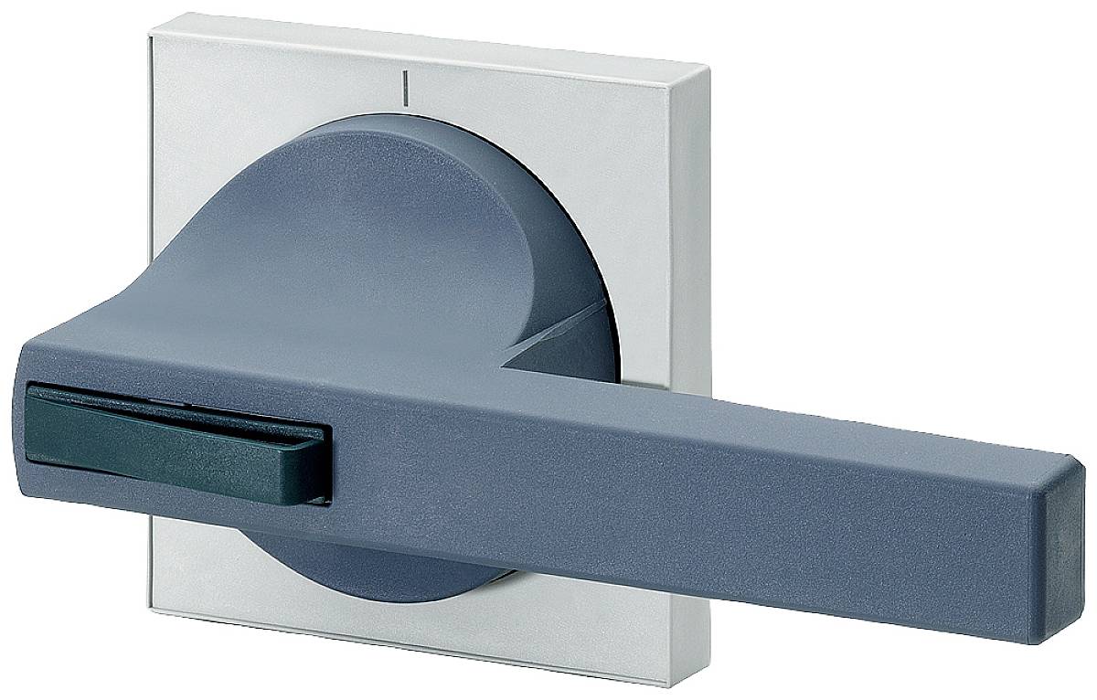 Ein quadratischer Türgriff in modernem Design mit einer dunklen, rechteckigen Hebelkomponente vor einem grauen Hintergrund.