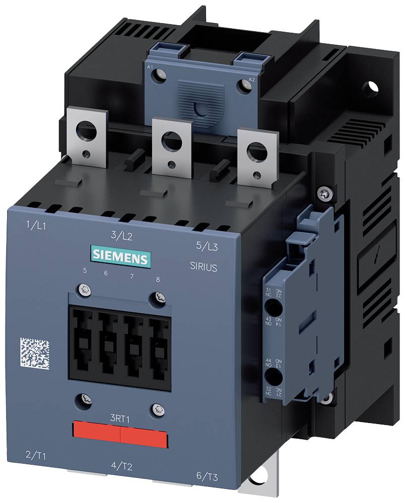 Ein elektrisches Schütz von Siemens in dunkelgrau und blau, mit Metallanschlüssen oben, beschriftet 'SIRIUS'.