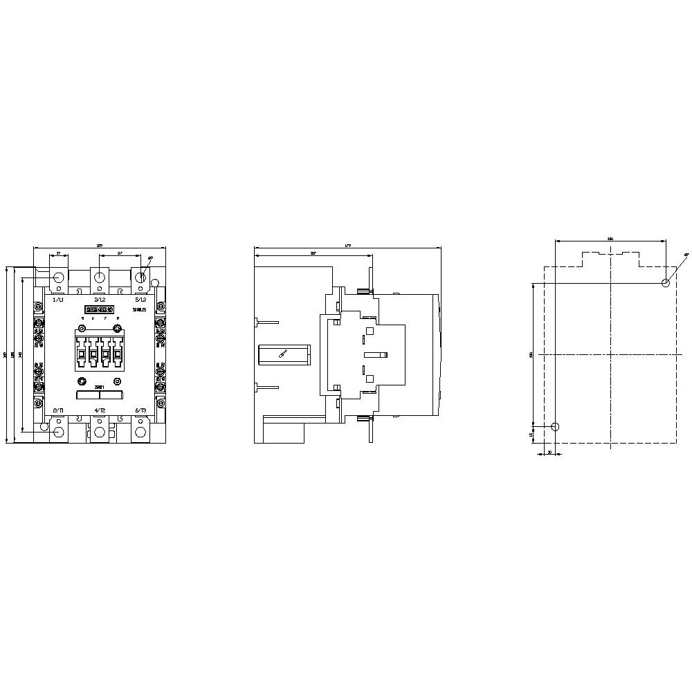 Elektrotechnische Zeichnung eines Schütz-Schaltplans in drei Ansichten: Vorderansicht, Seitenansicht und Schaltbilddarstellung.