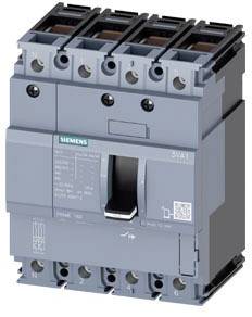 Ein grau-schwarzer Leistungsschalter von Siemens mit vier Anschlussklemmen, einem Hebel in der Mitte und mehreren technischen Beschriftungen.